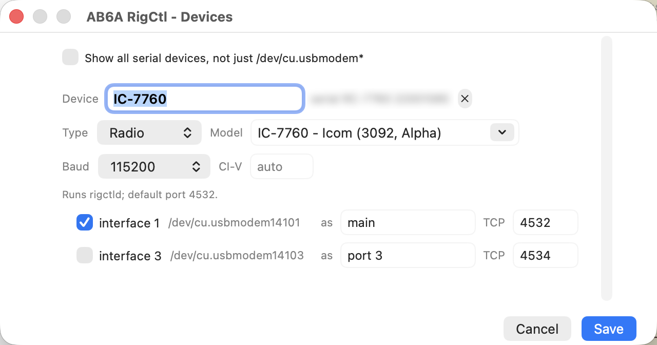 The Configure window: an IC-7760 with model 3092, baud 115200, and its two interfaces each assignable to a TCP port