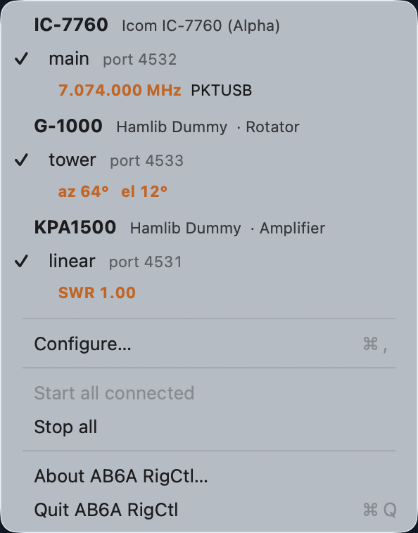 The menu showing a radio, a rotator and an amplifier, each with its own live readout