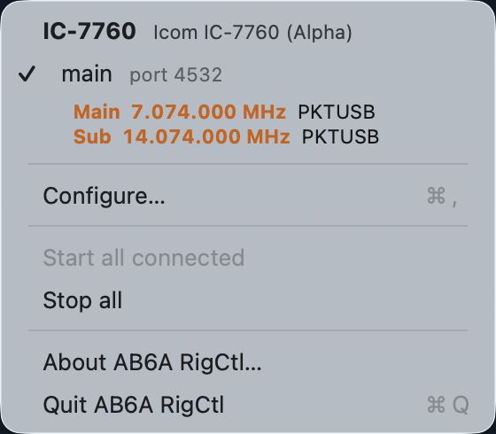 The AB6A RigCtl menu, showing an IC-7760 with one daemon reporting both receivers: Main on 7.074 and Sub on 14.074