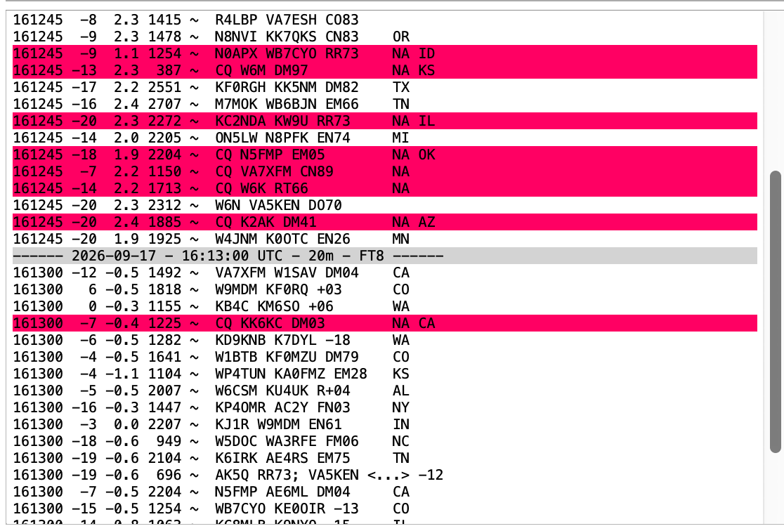 WSJT-X Band Activity. In the 161245 cycle every decode reports DT between +1.9 and
                +2.4 seconds. After a single offset adjustment, the 161300 cycle reports DT between
                -0.3 and -1.1 seconds, centred and decoding cleanly.
